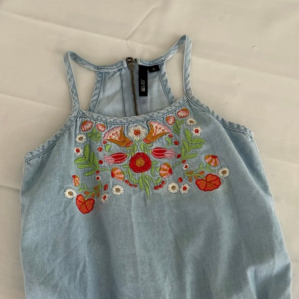 Joe’s Jeans Girls 5 Romper Denim Embroidered Flowers Elastic Waist Summer - Picture 4 of 7
